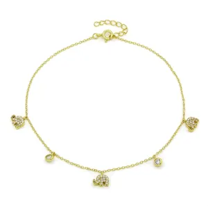 925 Sterling Silver Micro Pave Lucky Elephant Charm Ankle Bracelet