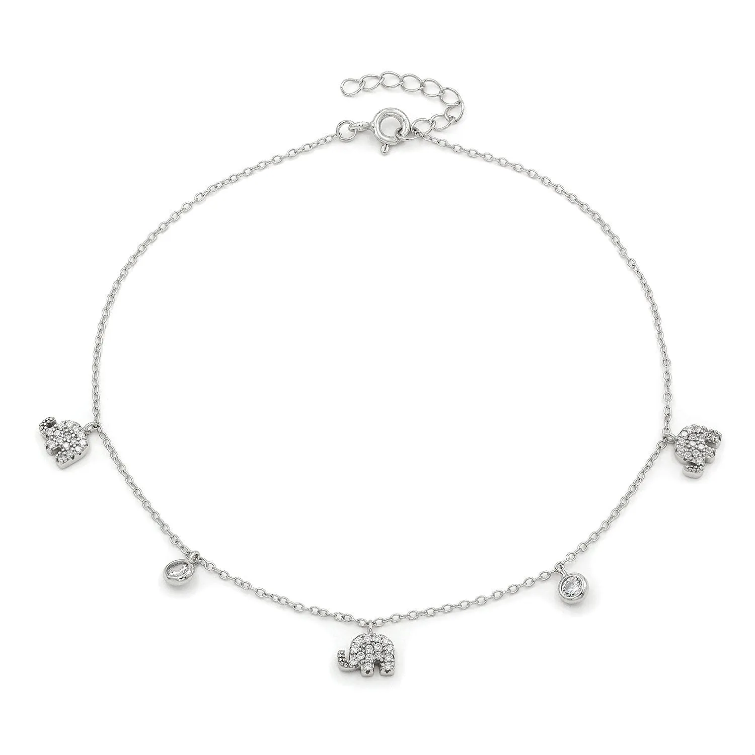 925 Sterling Silver Micro Pave Lucky Elephant Charm Ankle Bracelet