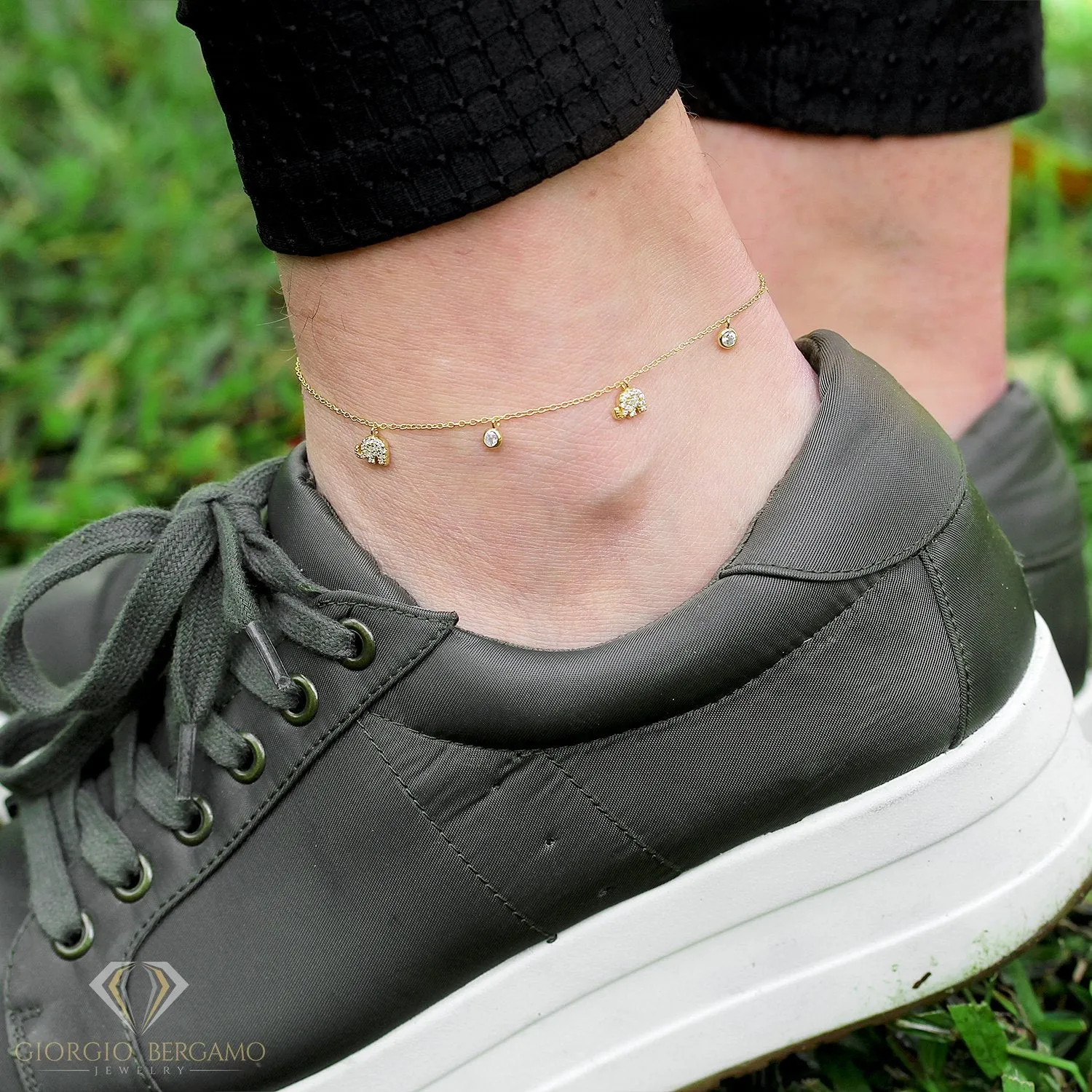 925 Sterling Silver Micro Pave Lucky Elephant Charm Ankle Bracelet