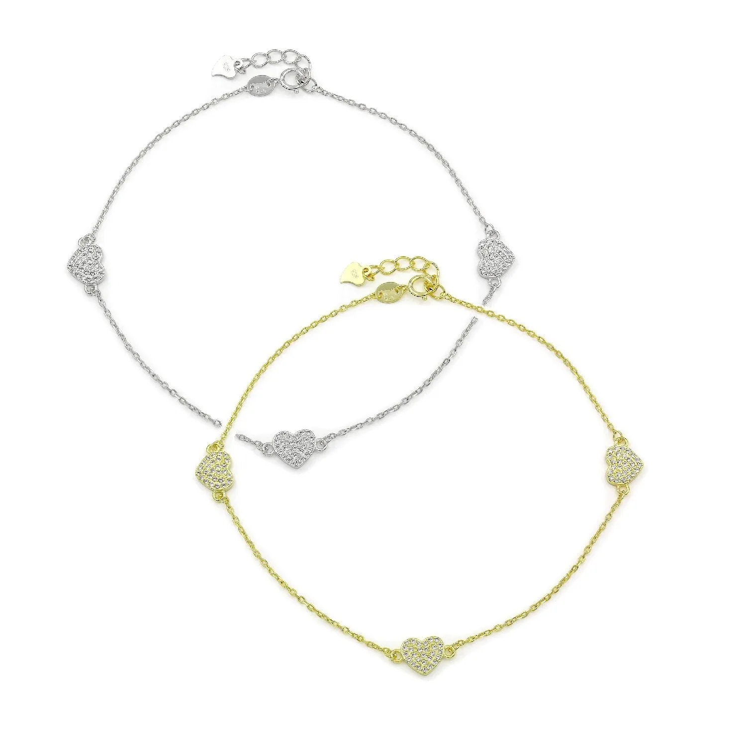 925 Sterling Silver Micro Pave Minimalist Heart Ankle Bracelet