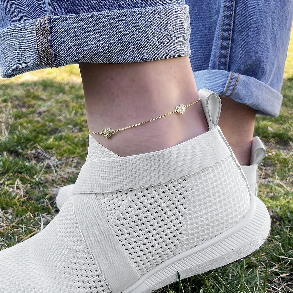 925 Sterling Silver Micro Pave Minimalist Heart Ankle Bracelet