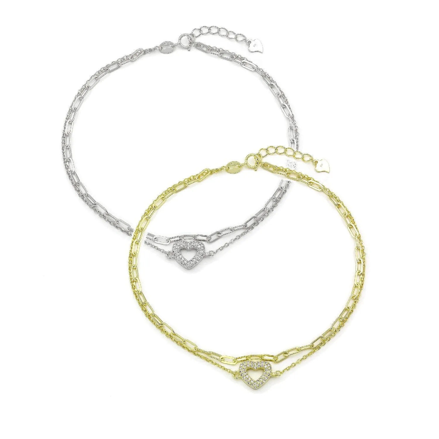 925 Sterling Silver Micro Pave Paper Clip Layered Heart Ankle Bracelet