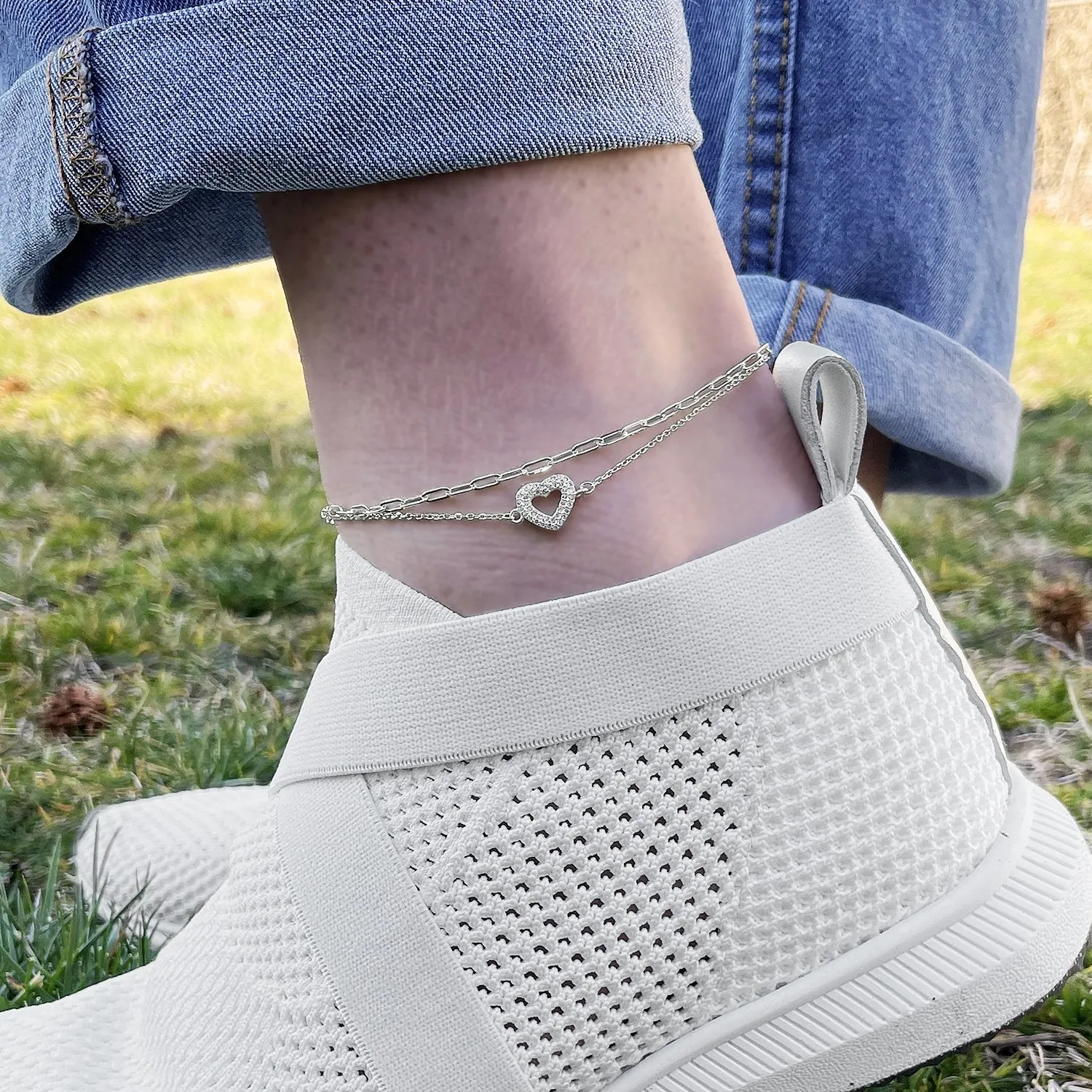 925 Sterling Silver Micro Pave Paper Clip Layered Heart Ankle Bracelet