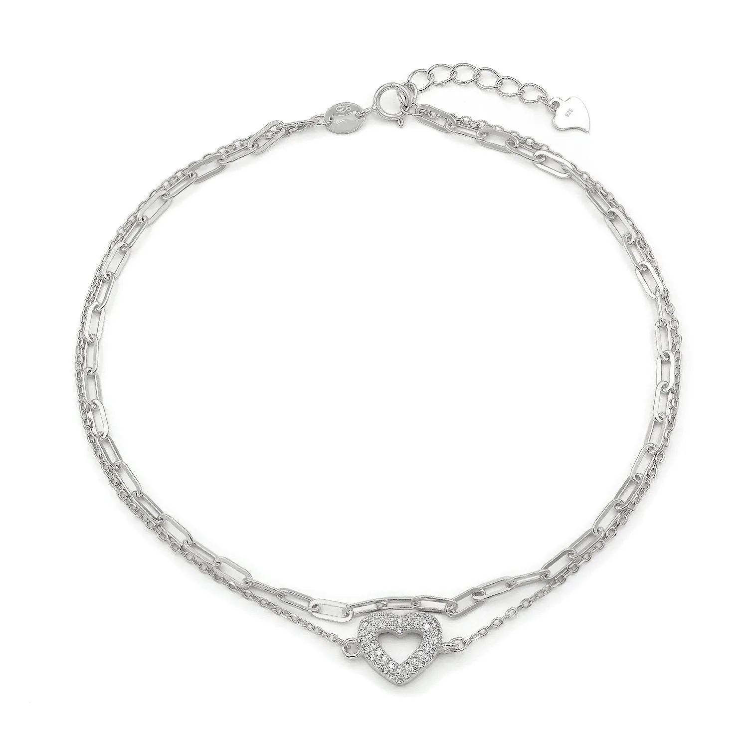 925 Sterling Silver Micro Pave Paper Clip Layered Heart Ankle Bracelet