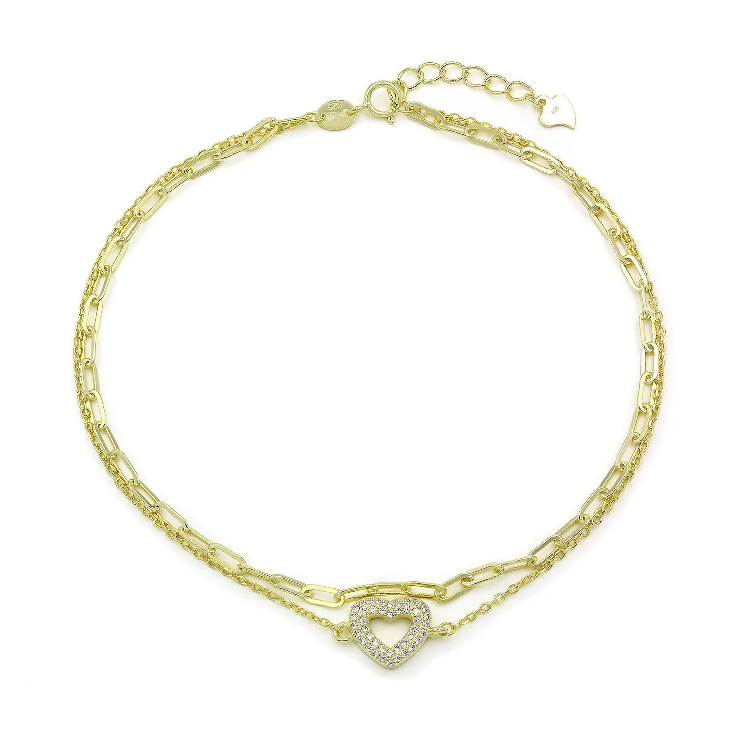 925 Sterling Silver Micro Pave Paper Clip Layered Heart Ankle Bracelet