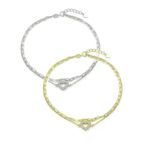 925 Sterling Silver Micro Pave Paper Clip Layered Heart Ankle Bracelet