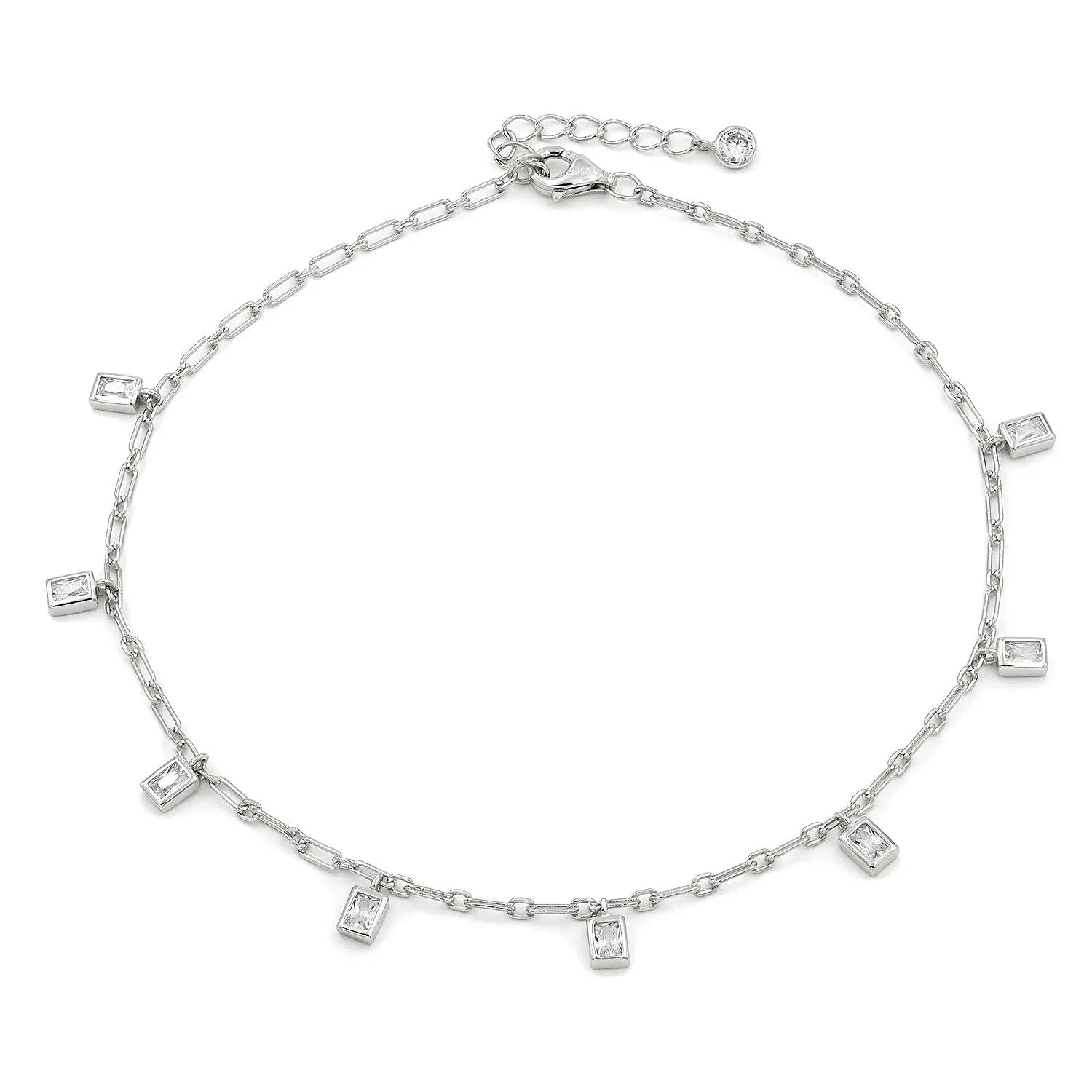 925 Sterling Silver Paper Clip Emerald Charm Ankle Bracelet