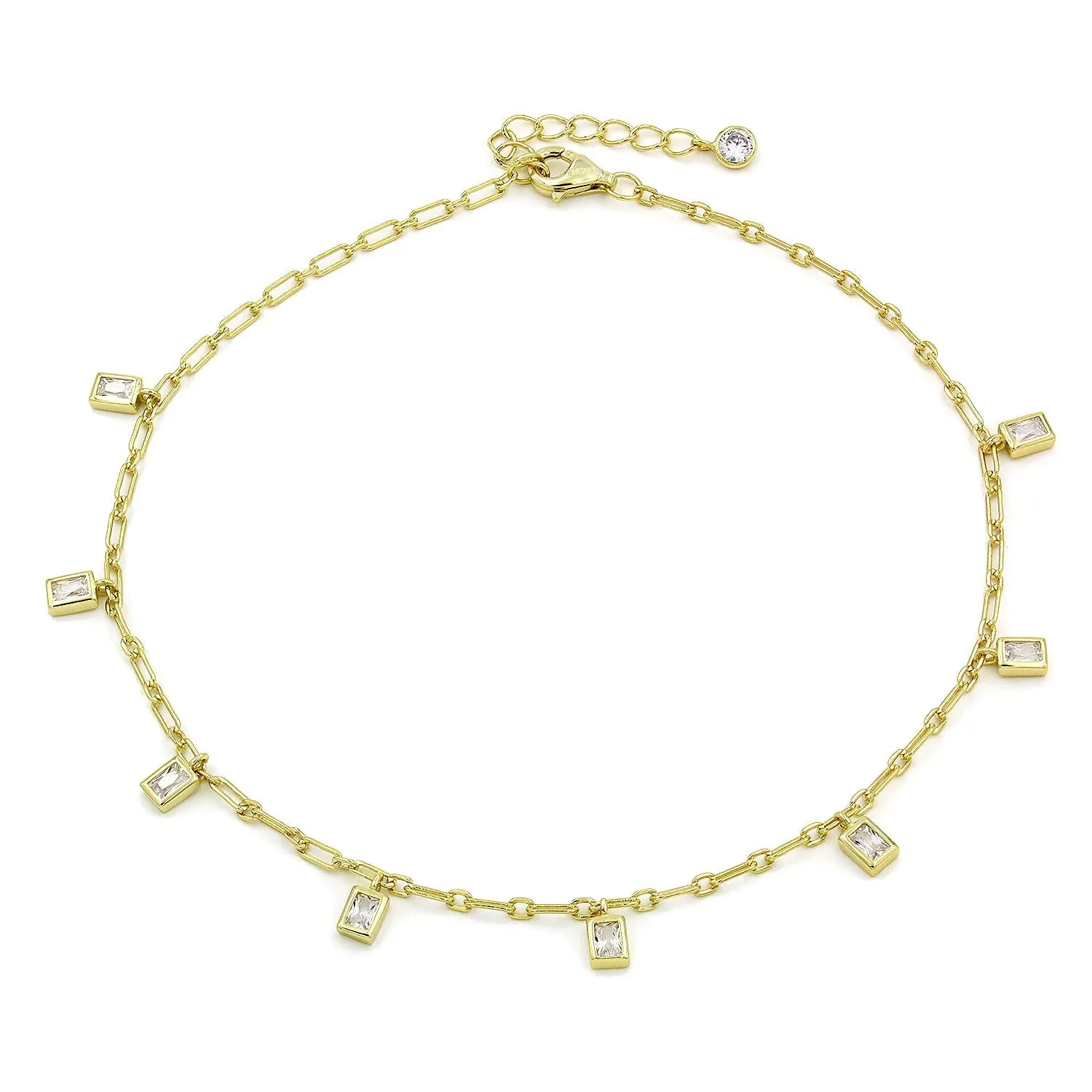 925 Sterling Silver Paper Clip Emerald Charm Ankle Bracelet