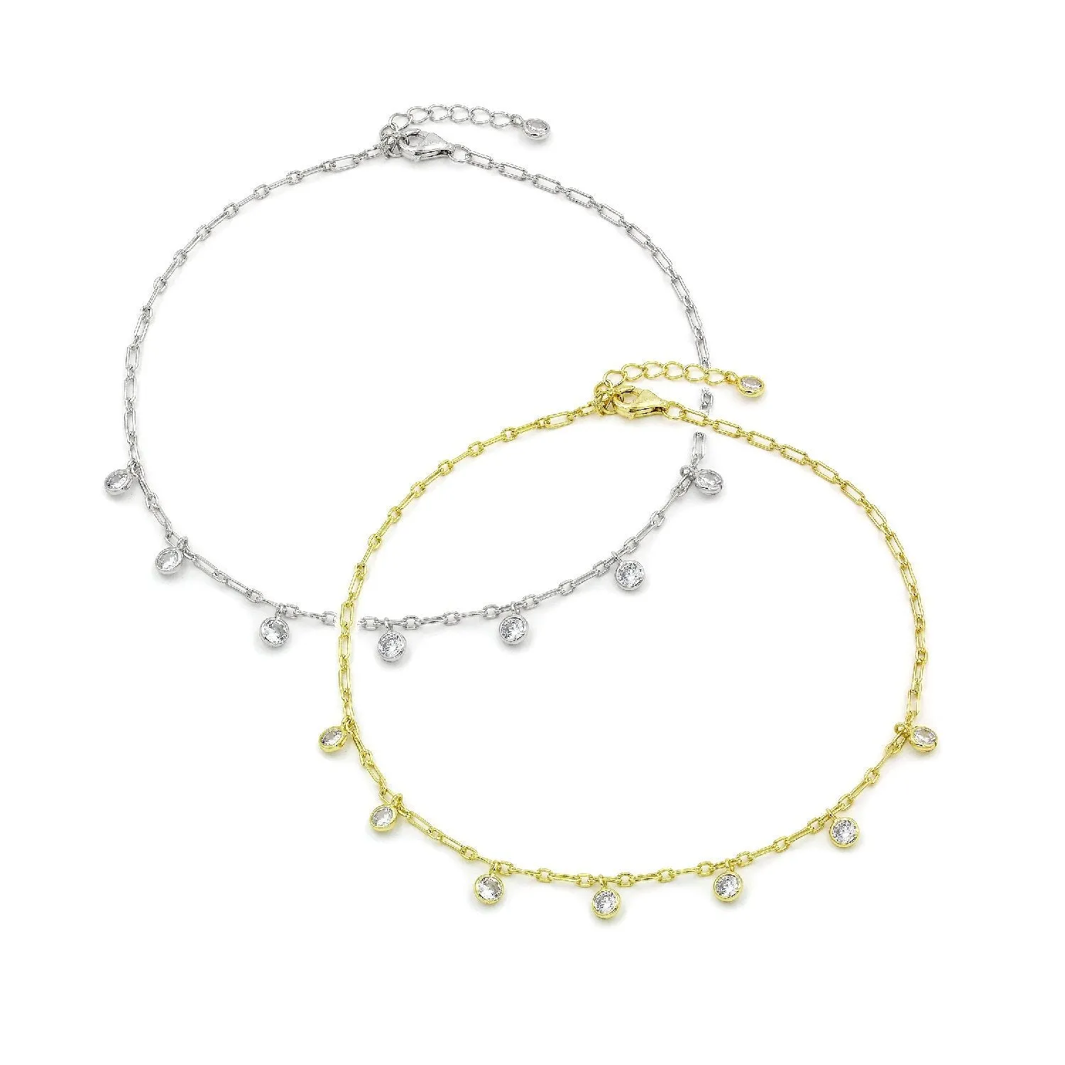 925 Sterling Silver Paper Clip Round Charm Ankle Bracelet