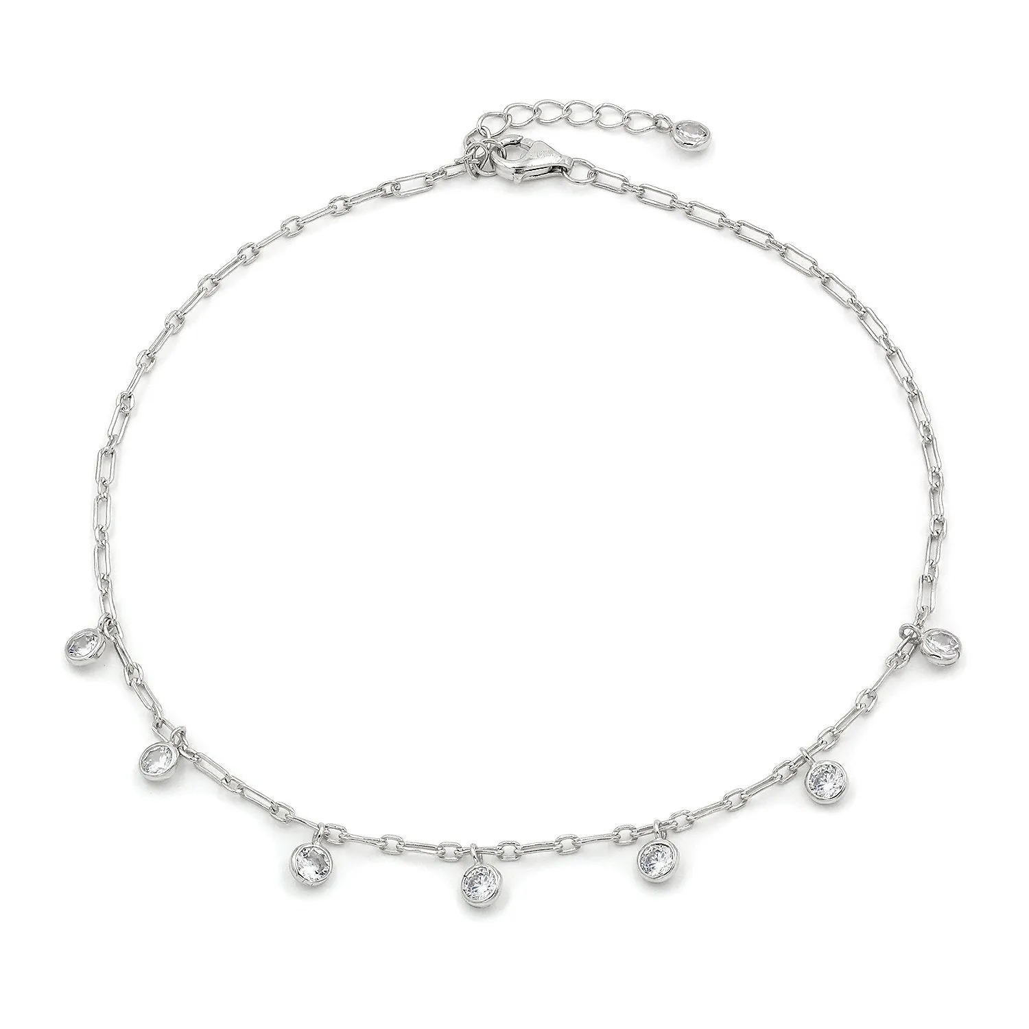 925 Sterling Silver Paper Clip Round Charm Ankle Bracelet