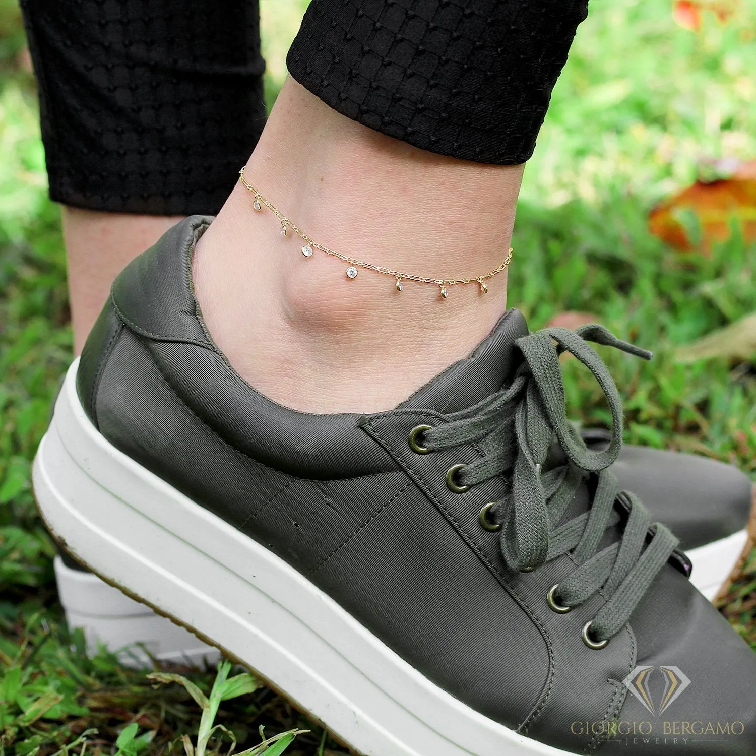 925 Sterling Silver Paper Clip Round Charm Ankle Bracelet