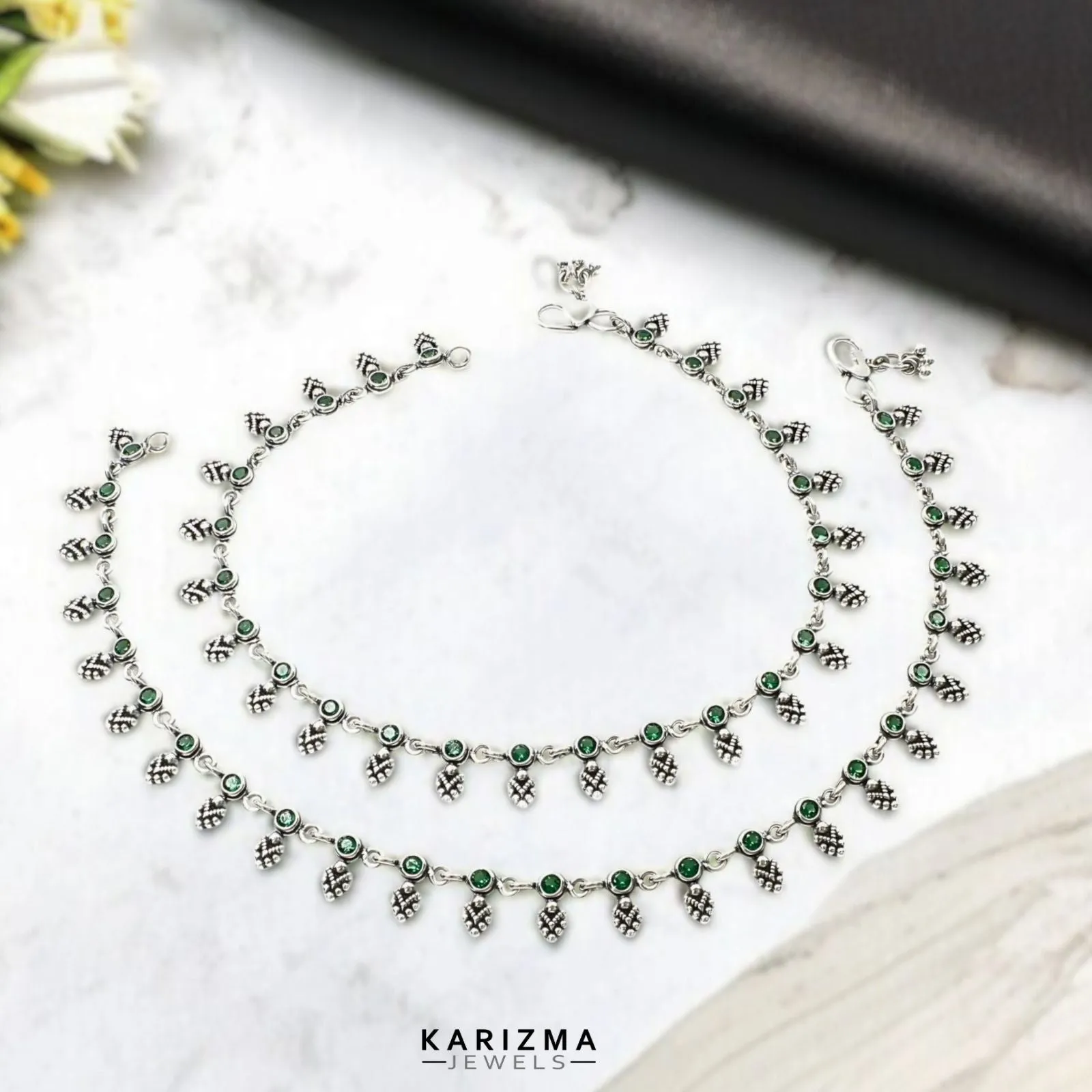 925 Sterling Silver Women Green CZ Oxidised Excellent boho style Anklets Pair 10.5"