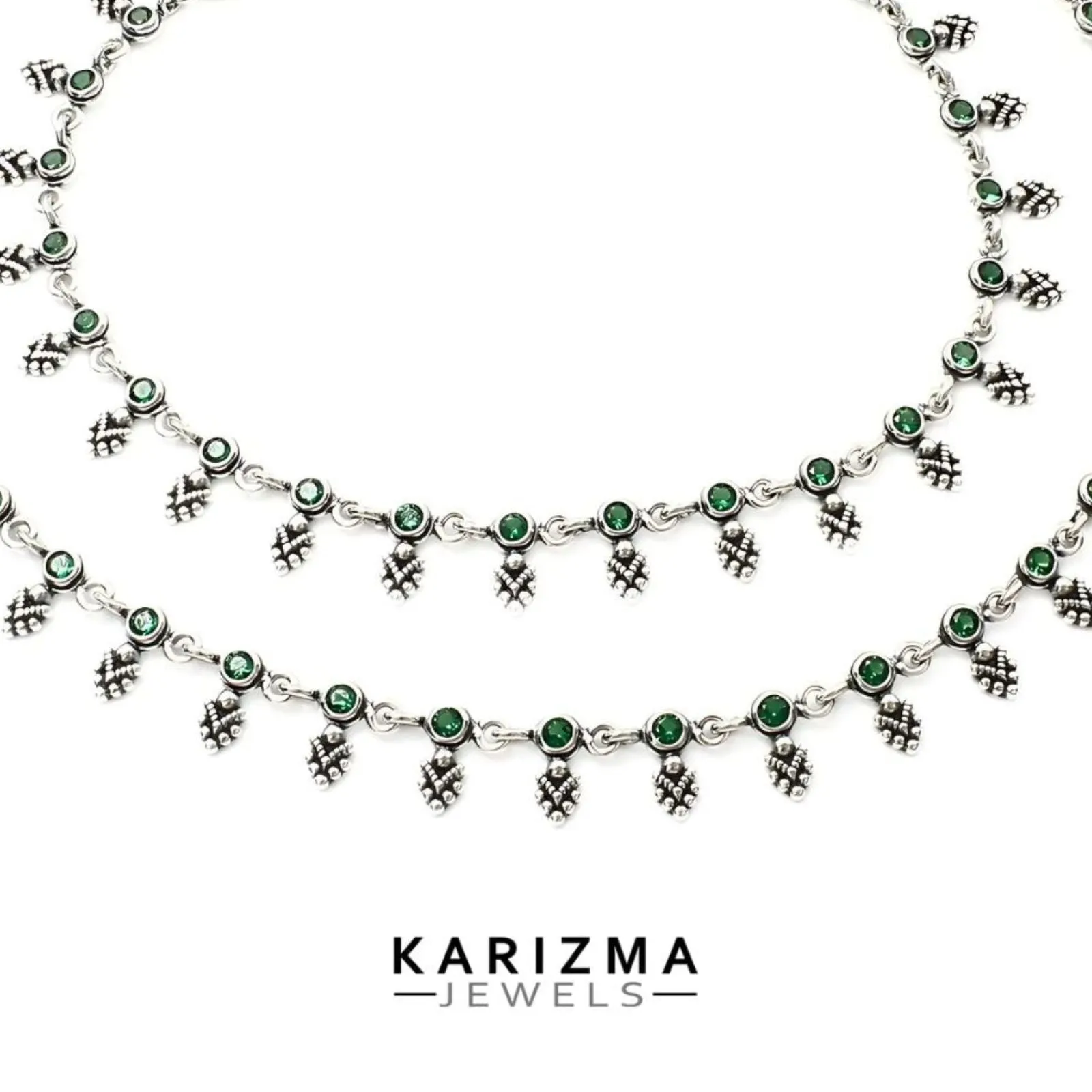 925 Sterling Silver Women Green CZ Oxidised Excellent boho style Anklets Pair 10.5"