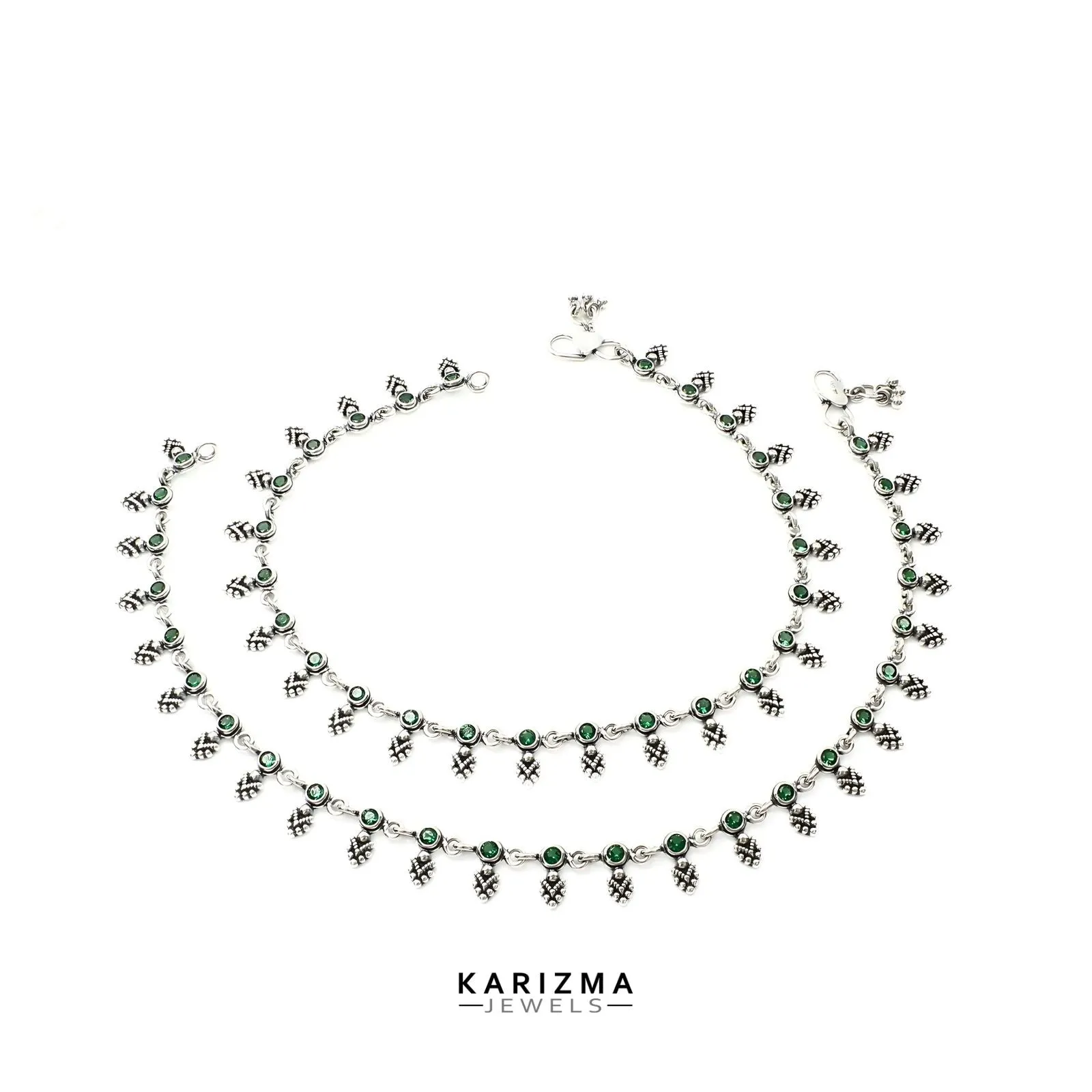 925 Sterling Silver Women Green CZ Oxidised Excellent boho style Anklets Pair 10.5"