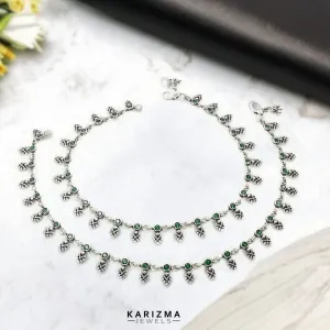 925 Sterling Silver Women Green CZ Oxidised Excellent boho style Anklets Pair 10.5"