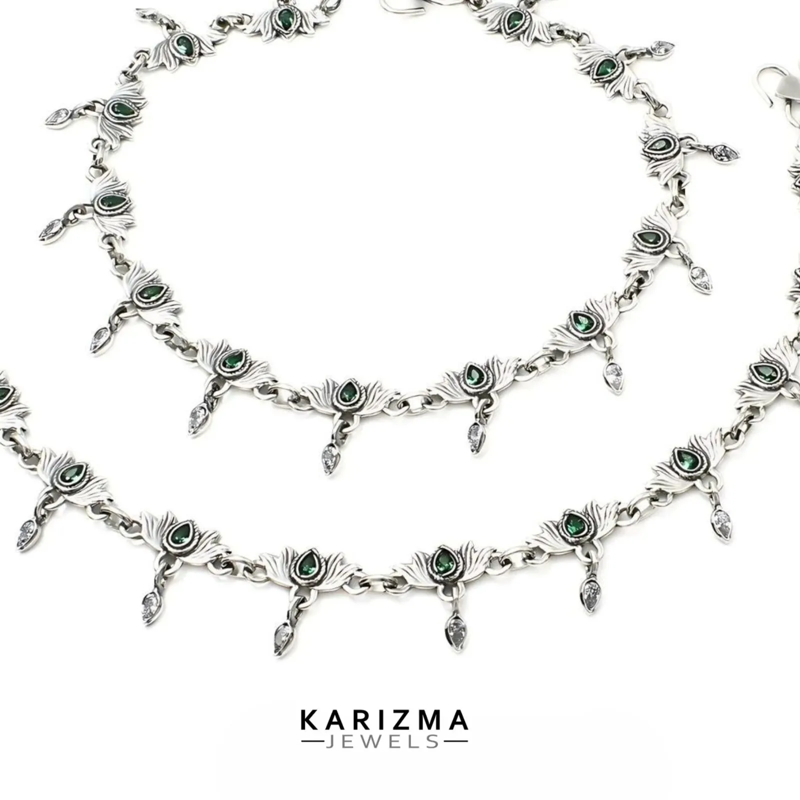 925 Sterling Silver Women Green White CZ Elegant Oxidised Lotus Anklets Pair 10"