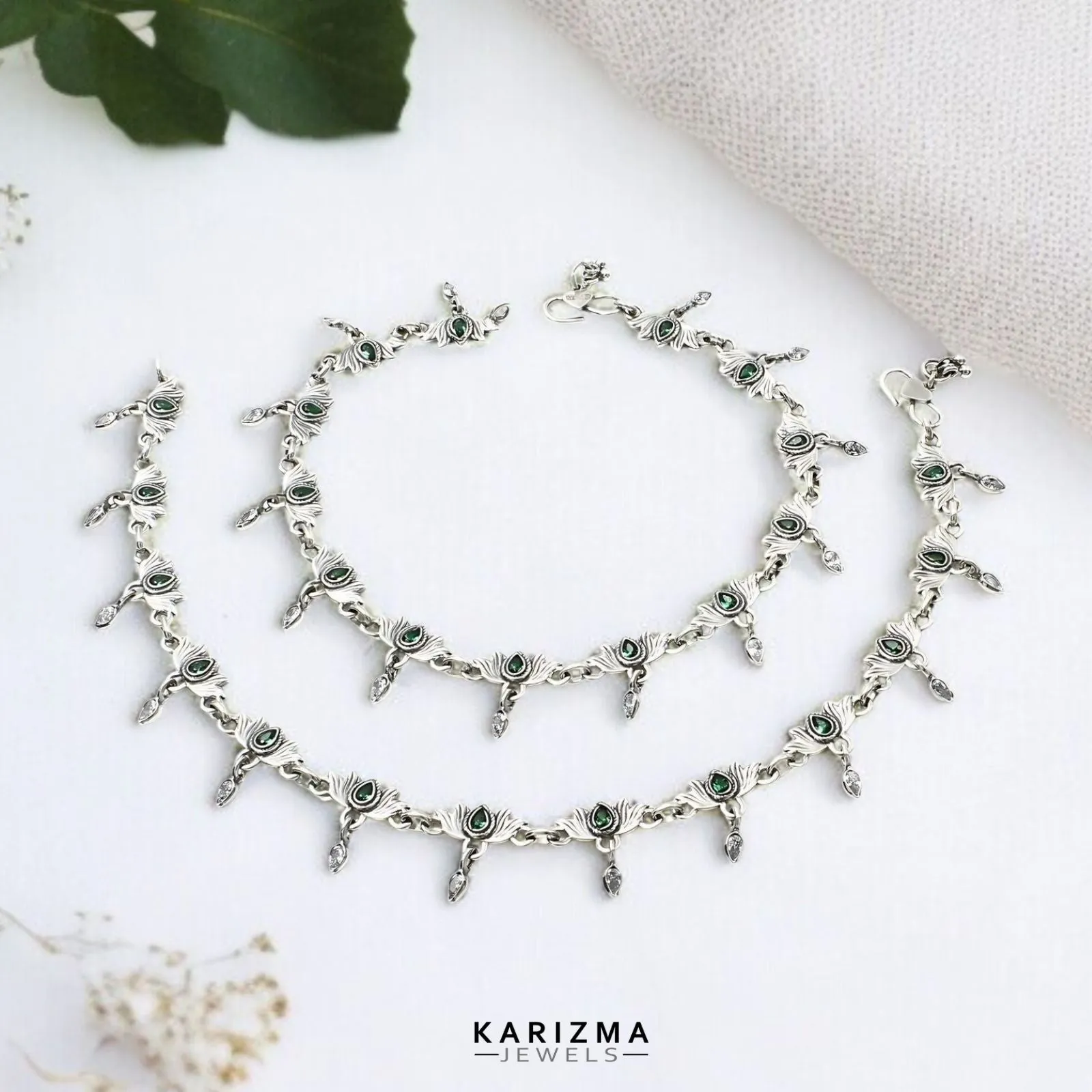 925 Sterling Silver Women Green White CZ Elegant Oxidised Lotus Anklets Pair 10"