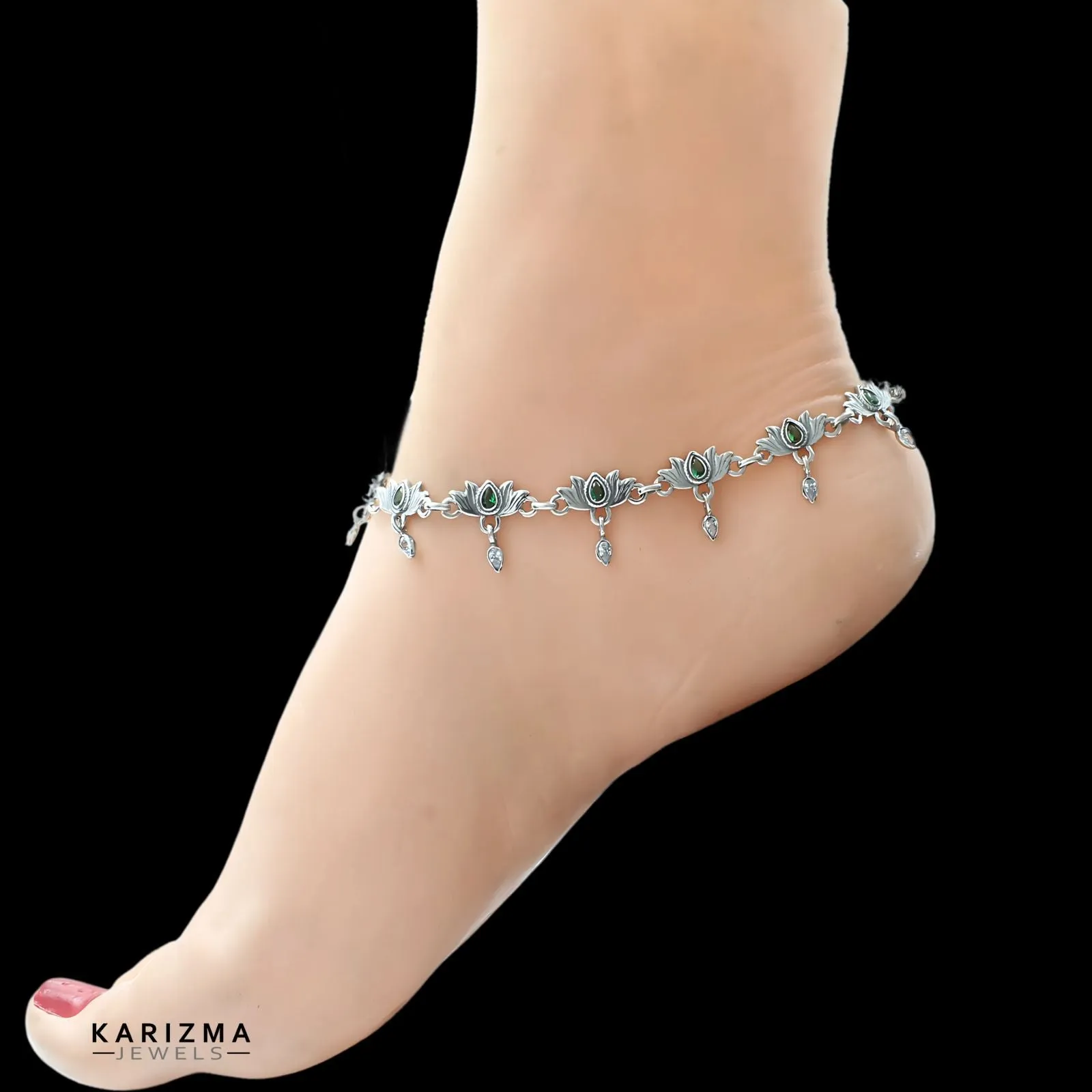 925 Sterling Silver Women Green White CZ Elegant Oxidised Lotus Anklets Pair 10"
