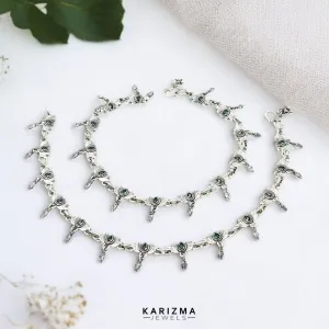 925 Sterling Silver Women Green White CZ Elegant Oxidised Lotus Anklets Pair 10"