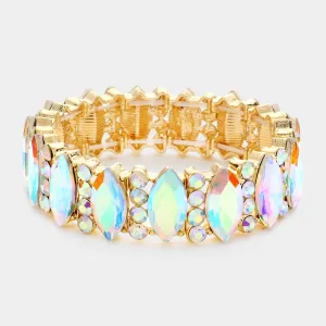 AB Marquise Stone with Rhinestone Accents Stretch Pageant Bracelet on Gold| Prom Jewelry |  574976