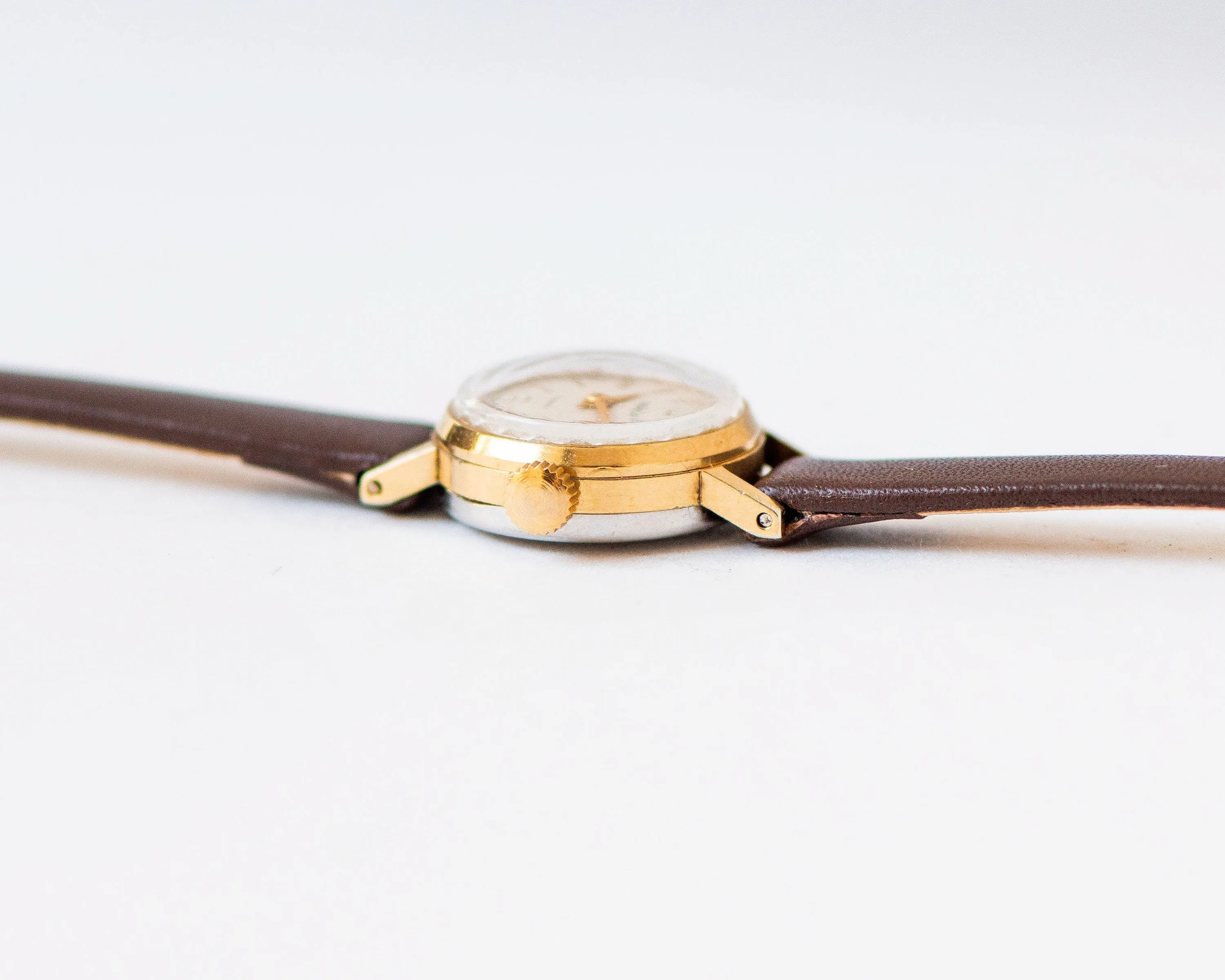 Absolutely rare women watch gold plated Seagull, classic girl wristwatch micro size vintage, sustainable jewelry, new luxury leather strap