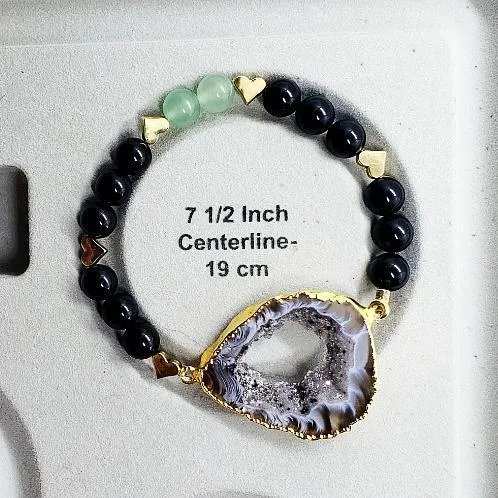 Agate Druzy Slice With Black Onyx And Green Aventurine  Handmade Gemstone Bracelet