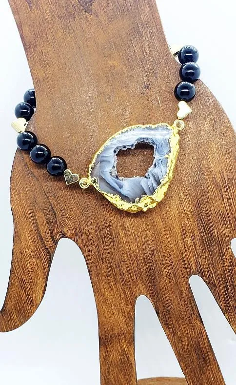 Agate Druzy Slice With Black Onyx And Green Aventurine  Handmade Gemstone Bracelet