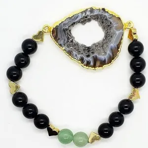 Agate Druzy Slice With Black Onyx And Green Aventurine  Handmade Gemstone Bracelet
