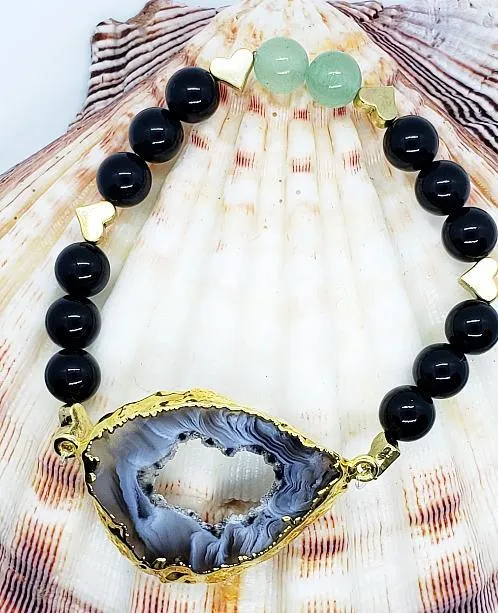 Agate Druzy Slice With Black Onyx And Green Aventurine  Handmade Gemstone Bracelet