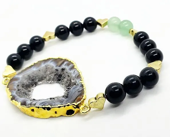 Agate Druzy Slice With Black Onyx And Green Aventurine  Handmade Gemstone Bracelet