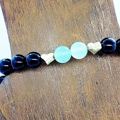 Agate Druzy Slice With Black Onyx And Green Aventurine  Handmade Gemstone Bracelet