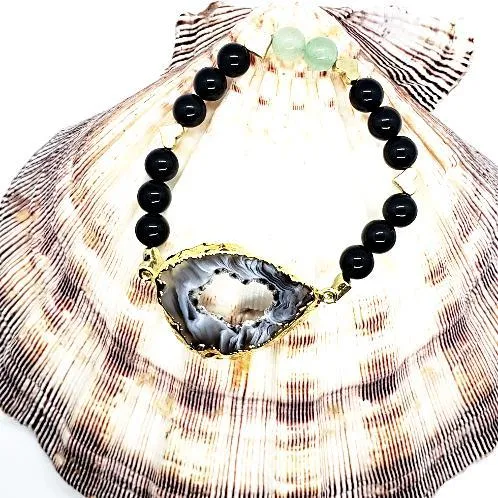 Agate Druzy Slice With Black Onyx And Green Aventurine  Handmade Gemstone Bracelet