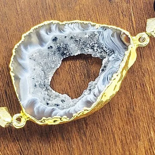 Agate Druzy Slice With Black Onyx And Green Aventurine  Handmade Gemstone Bracelet