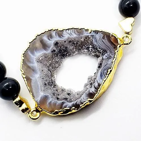 Agate Druzy Slice With Black Onyx And Green Aventurine  Handmade Gemstone Bracelet