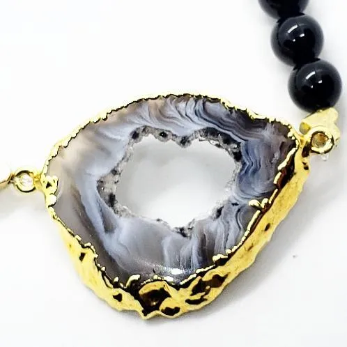 Agate Druzy Slice With Black Onyx And Green Aventurine  Handmade Gemstone Bracelet