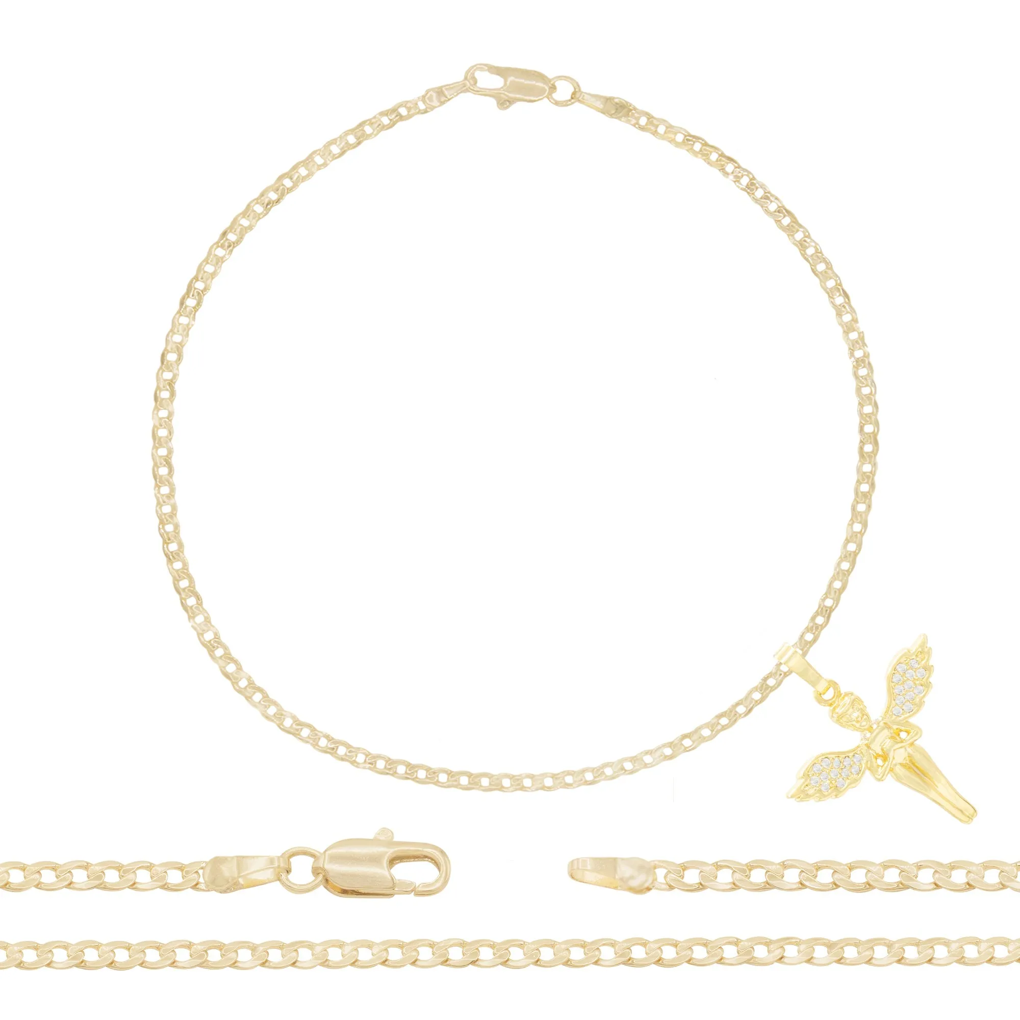 Angel Pendant 14K Gold Filled Cubic Zirconia Anklet 10" Set 2.5 mmWomen Jewelry