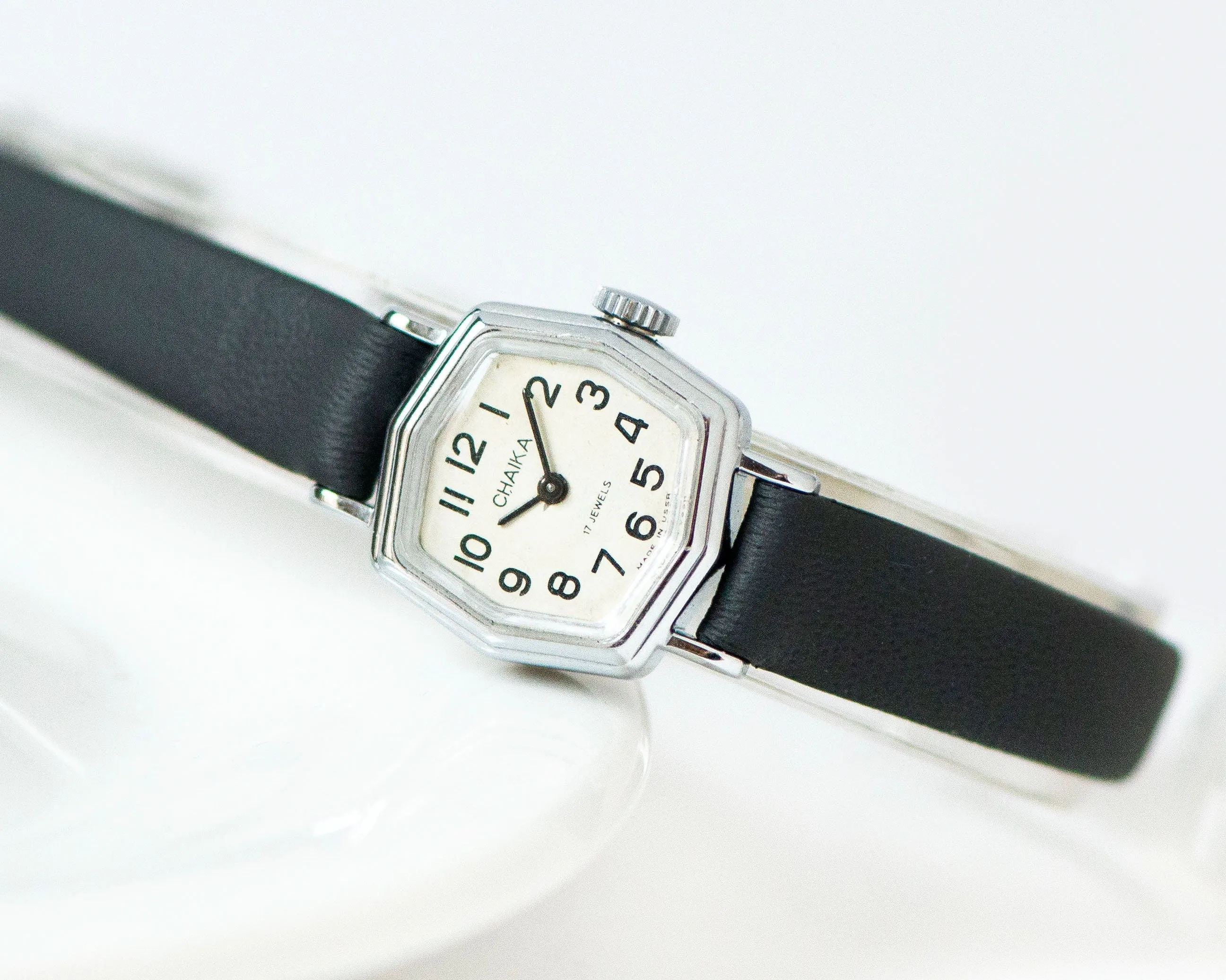 Angular watch for women vintage silver shade Seagull, micro watch mint condition, petite lady watch gift classic, new genuine leather strap