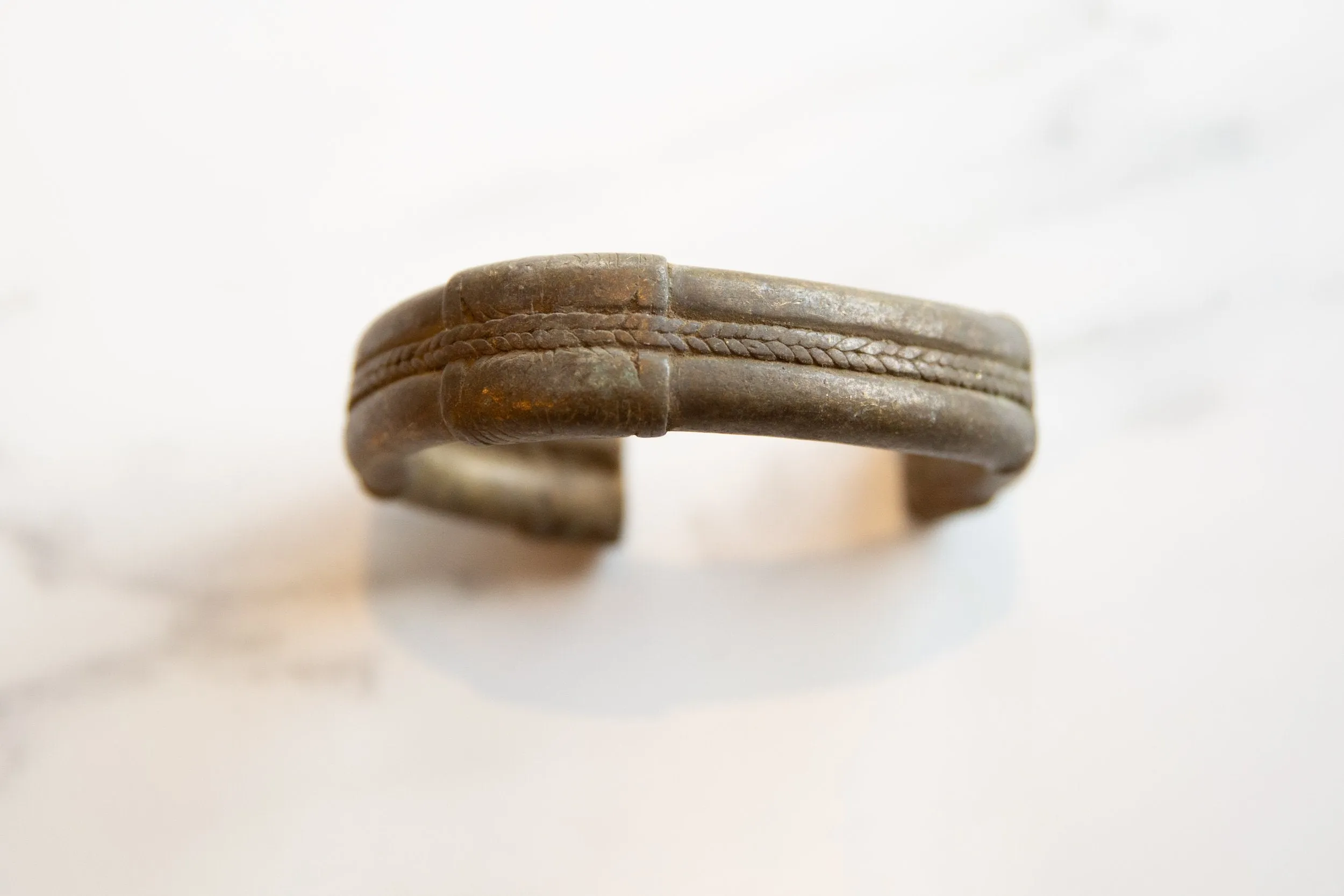 Antique African Dark Bronze Stripe Design Cuff Bracelet