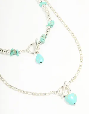 Antique Silver Turquoise T-Bar Heart Layered Necklace