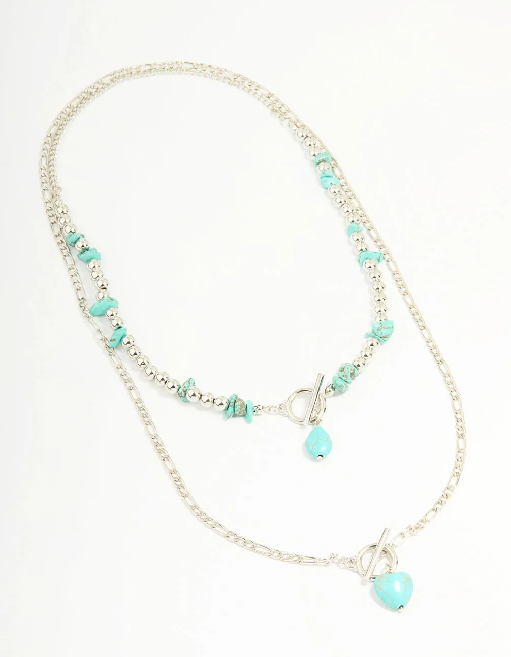 Antique Silver Turquoise T-Bar Heart Layered Necklace
