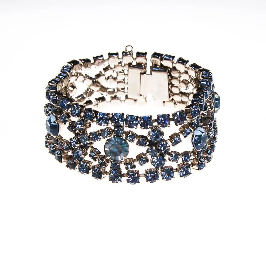 Art Deco Light Blue Rhinestone Bracelet, Silver Tone Setting