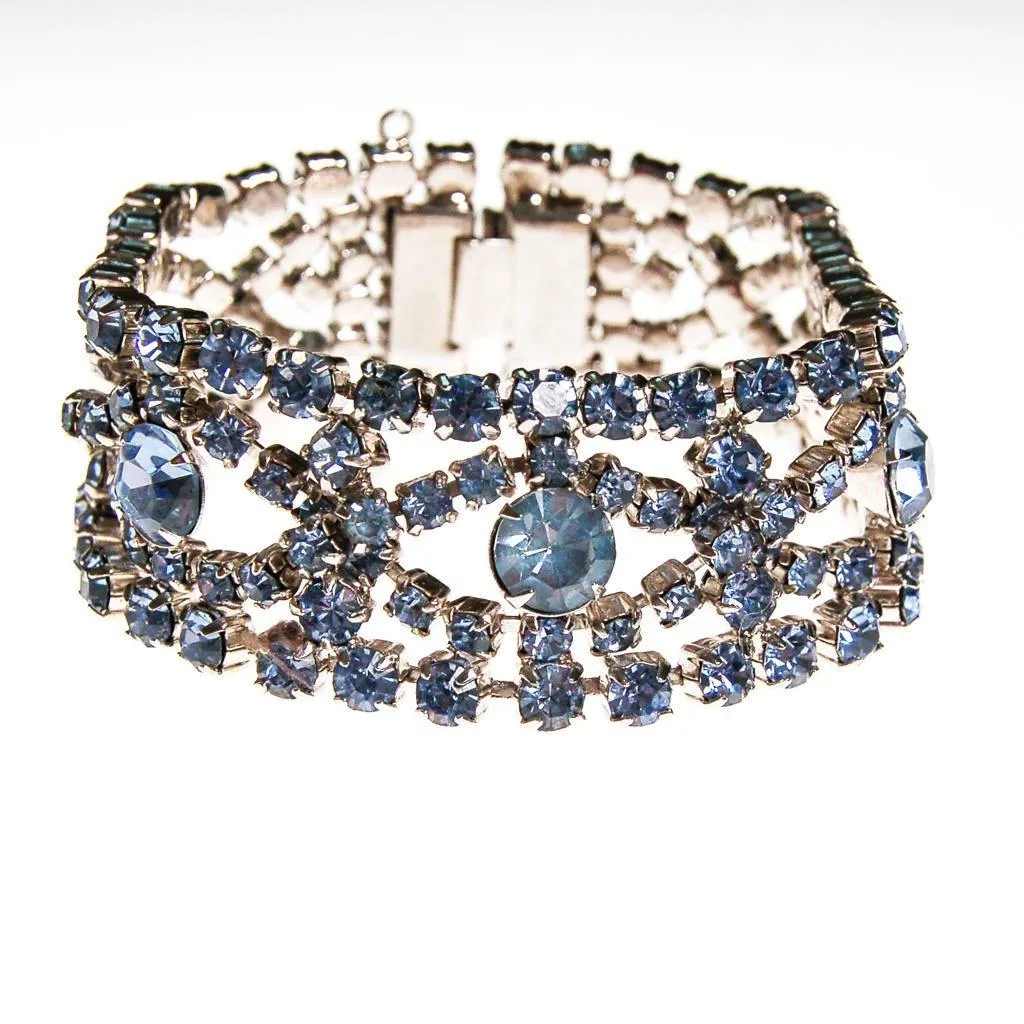 Art Deco Light Blue Rhinestone Bracelet, Silver Tone Setting