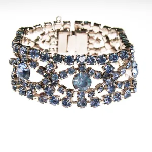 Art Deco Light Blue Rhinestone Bracelet, Silver Tone Setting