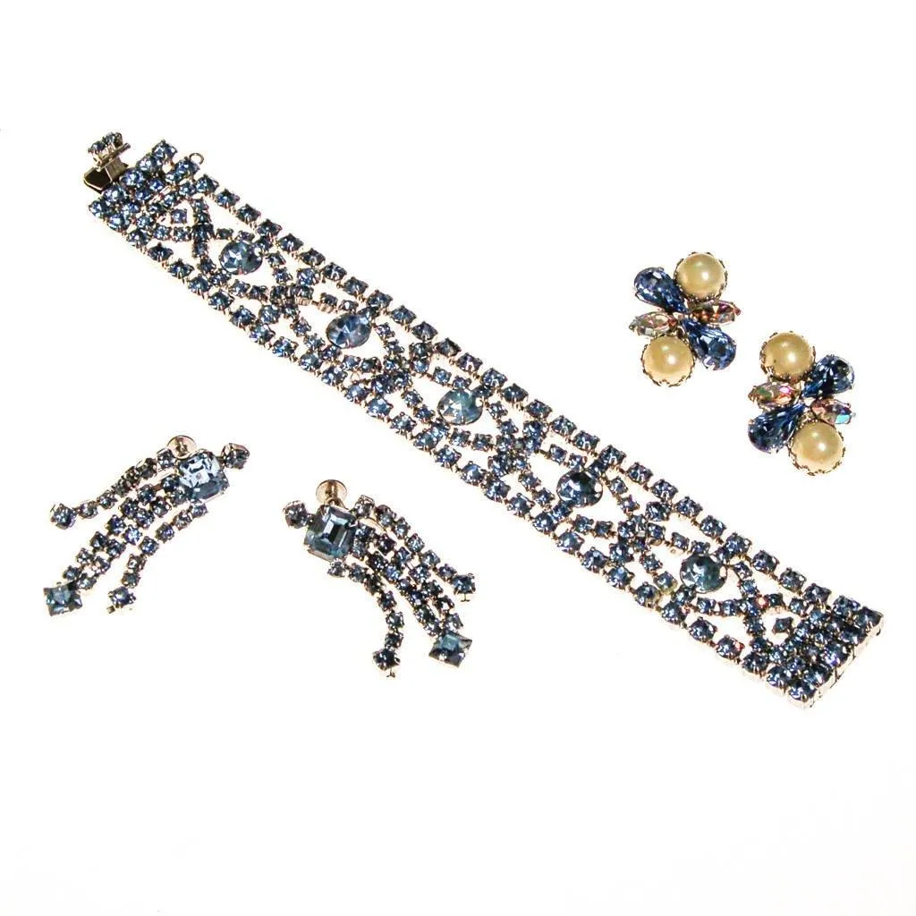 Art Deco Light Blue Rhinestone Bracelet, Silver Tone Setting