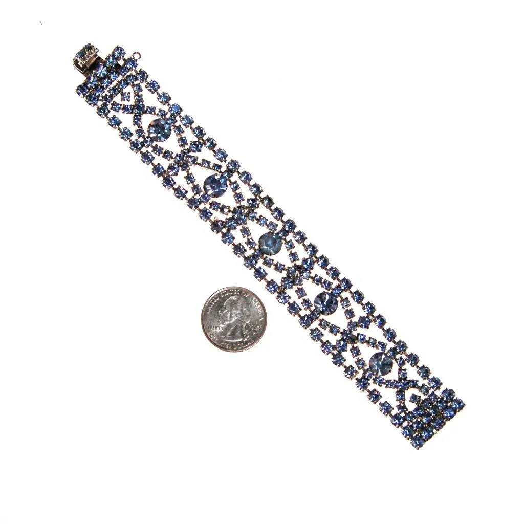 Art Deco Light Blue Rhinestone Bracelet, Silver Tone Setting