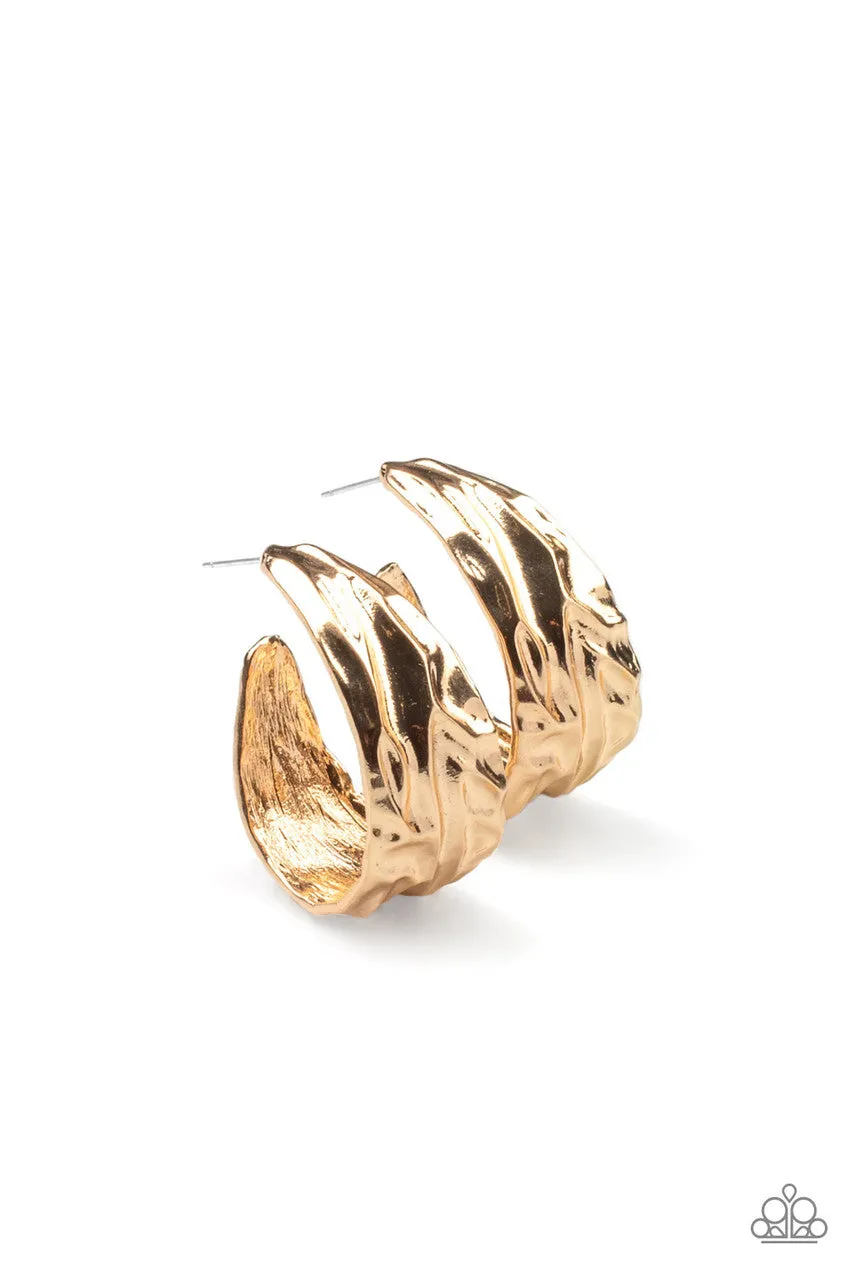 Badlands and Bellbottoms - Gold - Textured Paparazzi Hoop Earrings