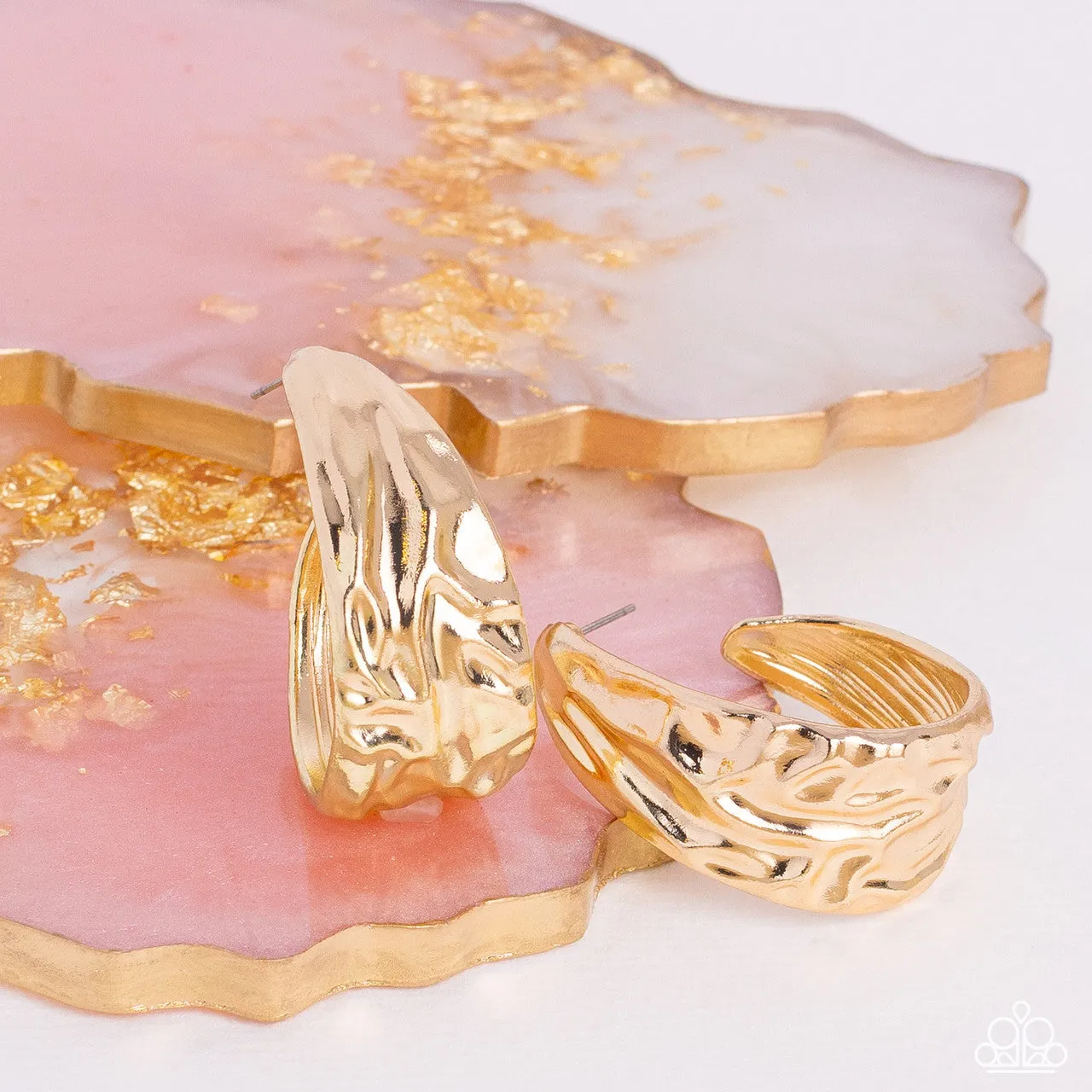 Badlands and Bellbottoms - Gold - Textured Paparazzi Hoop Earrings