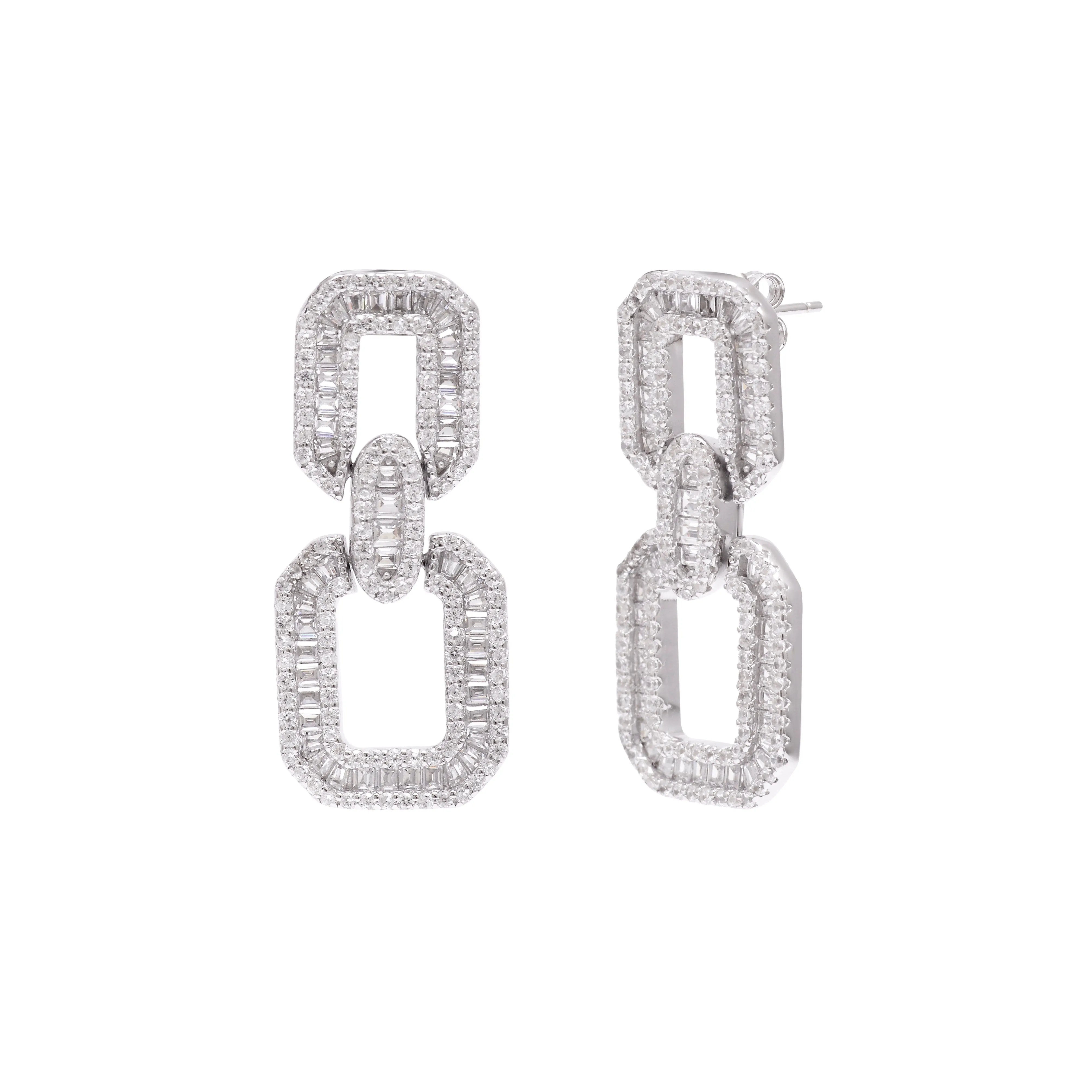 Baguette Link Earrings 925 Sterling Silver