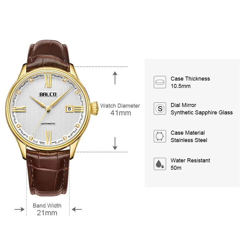 BALCO Men's Automatic Watch- Leather Strap,Business Style for Formal Wear