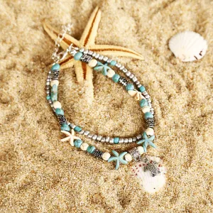 Beach Double Layer Anklet with Conch Starfish Pendant